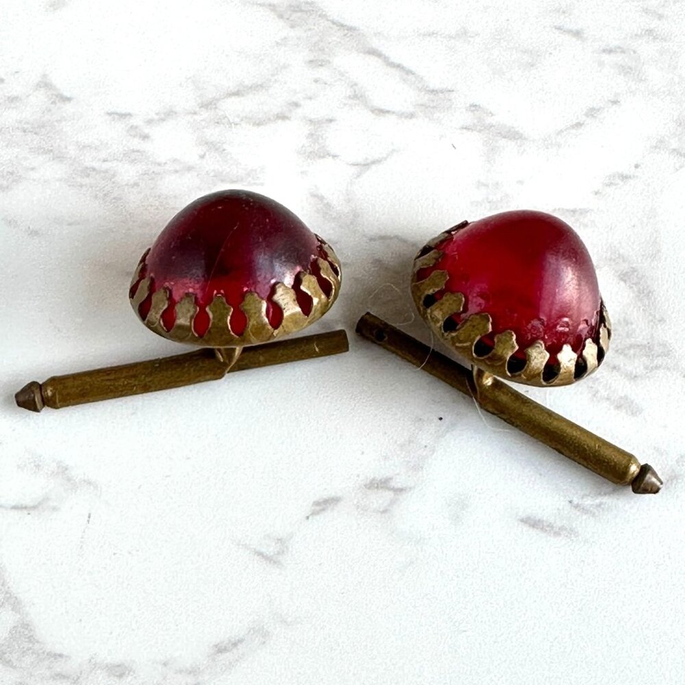 Antique Red Glass Cufflinks – Torpedo Toggle, Brass, Vintage Men’s